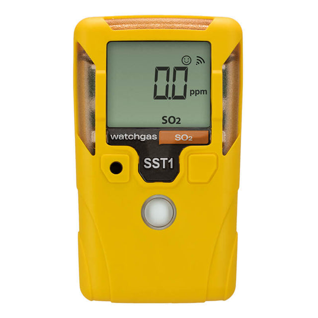 A yellow handheld WatchGas SST1 Serviceable SO₂ Gas Detector (model SST1-S) displays “0.0 ppm” for sulfur dioxide on its digital screen, features a button below the display, and is ideal for monitoring workplace air quality and ensuring compliance with OSHA exposure limits.