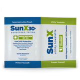 A Coretex SunX SPF30 Sunscreen Foil Pack sits beside a utility towelette pouch, both displaying blue and green text on white and promoting UVA/UVB protection for effective sun care.