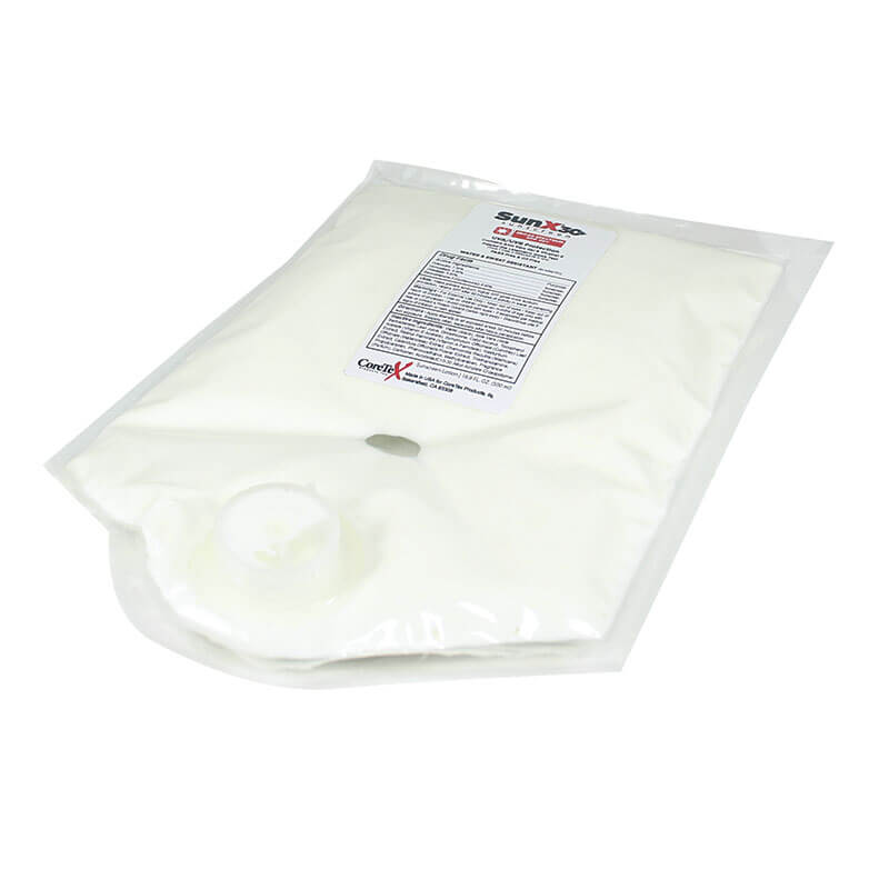 A sealed, transparent plastic bag filled with a white substance, labeled "Coretex SunX 750 ml Replacement Bladder for Dispenser 71557." Featuring broad-spectrum protection, the design includes a label with text and a spout at the bottom for easy dispensing of Coretex Sunscreen.