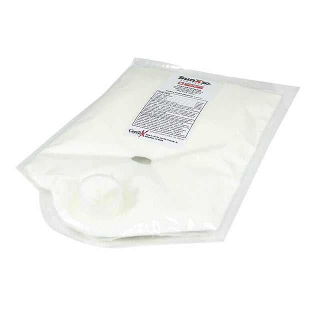A sealed, transparent plastic bag filled with a white substance, labeled "Coretex SunX 750 ml Replacement Bladder for Dispenser 71557." Featuring broad-spectrum protection, the design includes a label with text and a spout at the bottom for easy dispensing of Coretex Sunscreen.