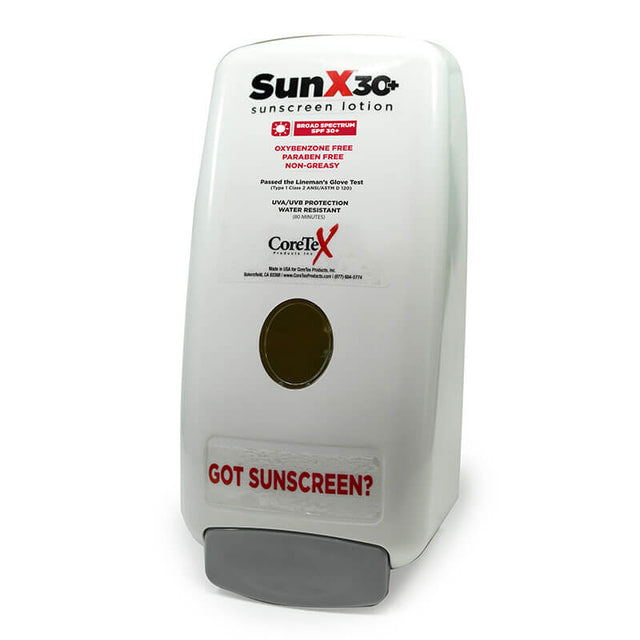 A white Coretex Sun X SPF30 Lotion 750 ml Wallmount Dispenser features a push button and "GOT SUNSCREEN?" in red at the bottom.