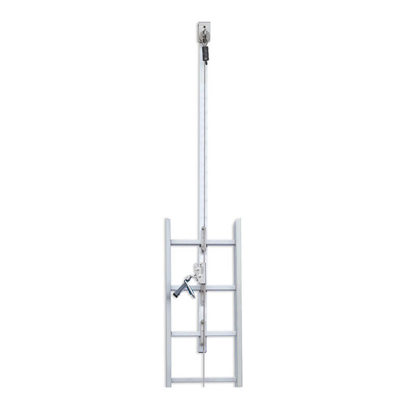 A vertical metal ladder is equipped with the Frontline Ladder Cable Vertical Lifeline System VLCS from Frontline Fall Protection, featuring a harness connector and top locking mechanism for secure climbing.