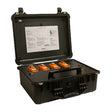 A black hard case displays three orange AimSafety PMR100R units inside, with an instruction sheet attached to the lid for easy calibration using the AimSafety Single-Gas Monitor Calibration/Bump Test Station.