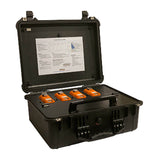 A black hard case displays three orange AimSafety PMR100R units inside, with an instruction sheet attached to the lid for easy calibration using the AimSafety Single-Gas Monitor Calibration/Bump Test Station.