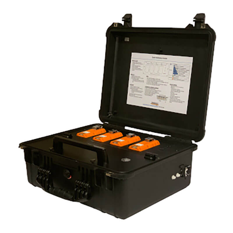 An open black hard-shell case displays four orange AimSafety PMR100R monitors inside. The lid holds a document with diagrams and instructions for calibrating the AimSafety Single-Gas Monitor Calibration/Bump Test Station.