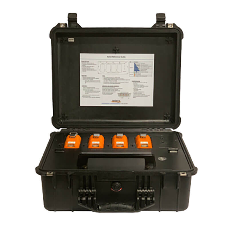 An open black case shows four orange AimSafety PMR100R gas monitors inside, with an instruction sheet on the lid. The case is the AimSafety Single-Gas Monitor Calibration/Bump Test Station.