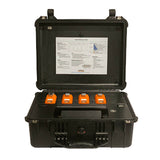 An open black case shows four orange AimSafety PMR100R gas monitors inside, with an instruction sheet on the lid. The case is the AimSafety Single-Gas Monitor Calibration/Bump Test Station.