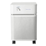 The Austin Air Systems Bedroom Machine B402 is a white air purifier with a perforated front panel, control dial, military-grade HEGA filter, and four black caster wheels for easy mobility.