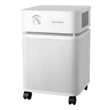 The Austin Air Systems Bedroom Machine B402 is a white, box-shaped air purifier with a top control dial, mesh sides, four black wheels, and a medical-grade HEPA filter for superior air purification.