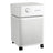The Austin Air Systems Bedroom Machine B402 is a white, box-shaped air purifier with a top control knob, front ventilation holes, medical-grade HEPA filtration, and four black caster wheels.