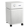 The Austin Air Systems HealthMate Plus Machine B450 is a white, square air purifier with medical-grade HEPA filtration for formaldehyde removal, a front control dial, and four caster wheels for easy mobility.