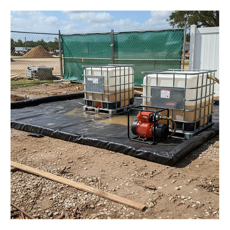 Two large plastic water tanks with metal frames and a red water pump sit on an UltraTech Foam Wall Model Containment Berm - Light-Duty at a construction site, surrounded by dirt, fencing, and building materials.